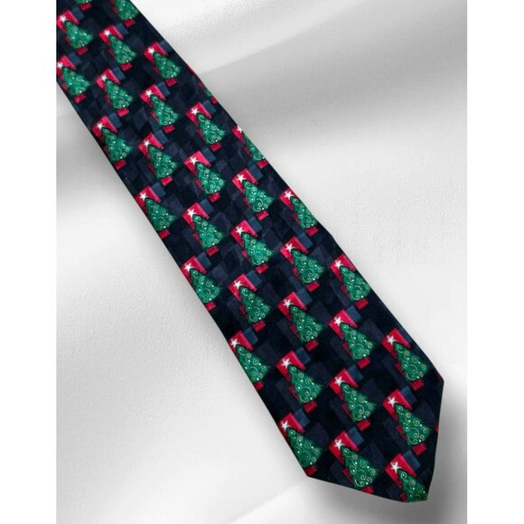 VTG Silk Christmas Tree Neck Tie Black Green Red Gold Holiday Party Hallmark USA - Picture 1 of 7